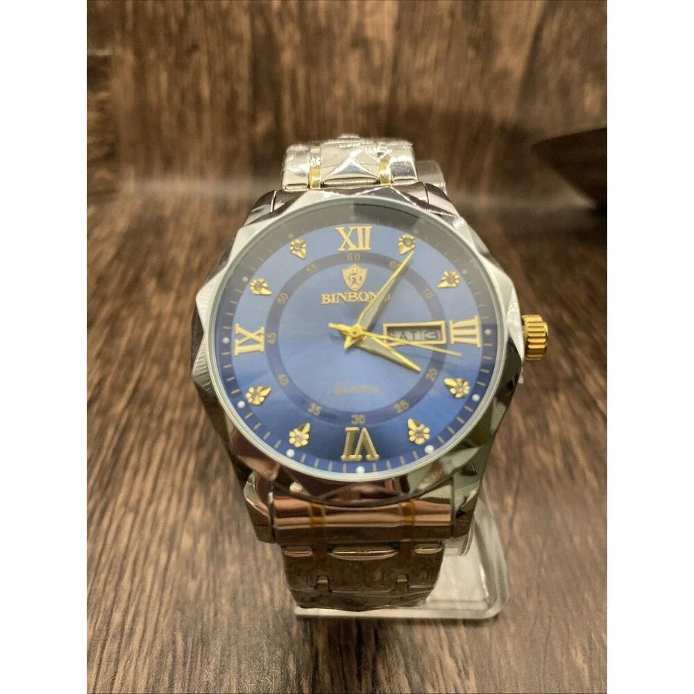Binbond Gold Dial Blue Face Silver Case With Day/date Men’s Watch New